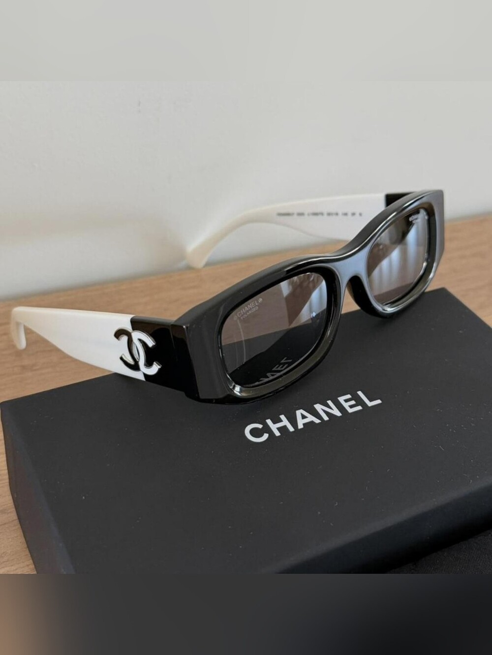 CHANEL Black Lenses with White Arms Sunglasses
